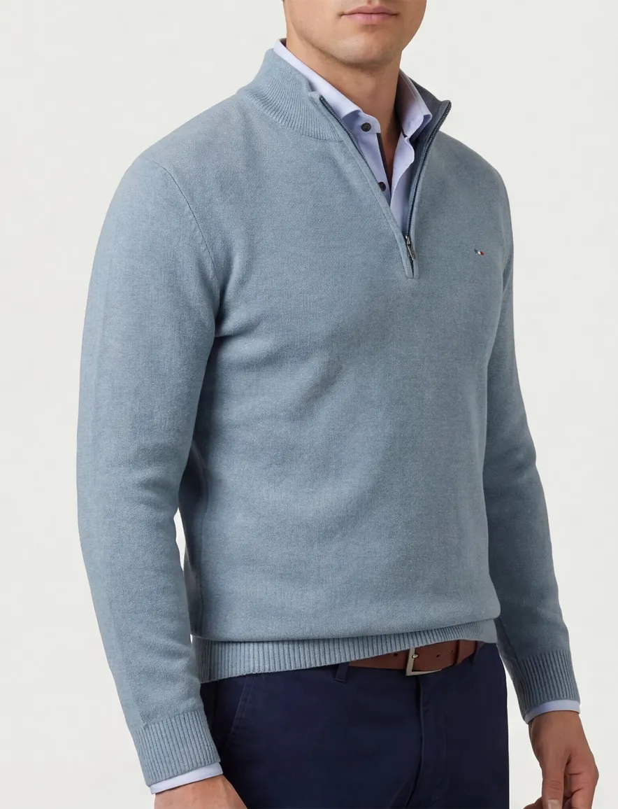 Portofino half zip trui lichtblauw katoen