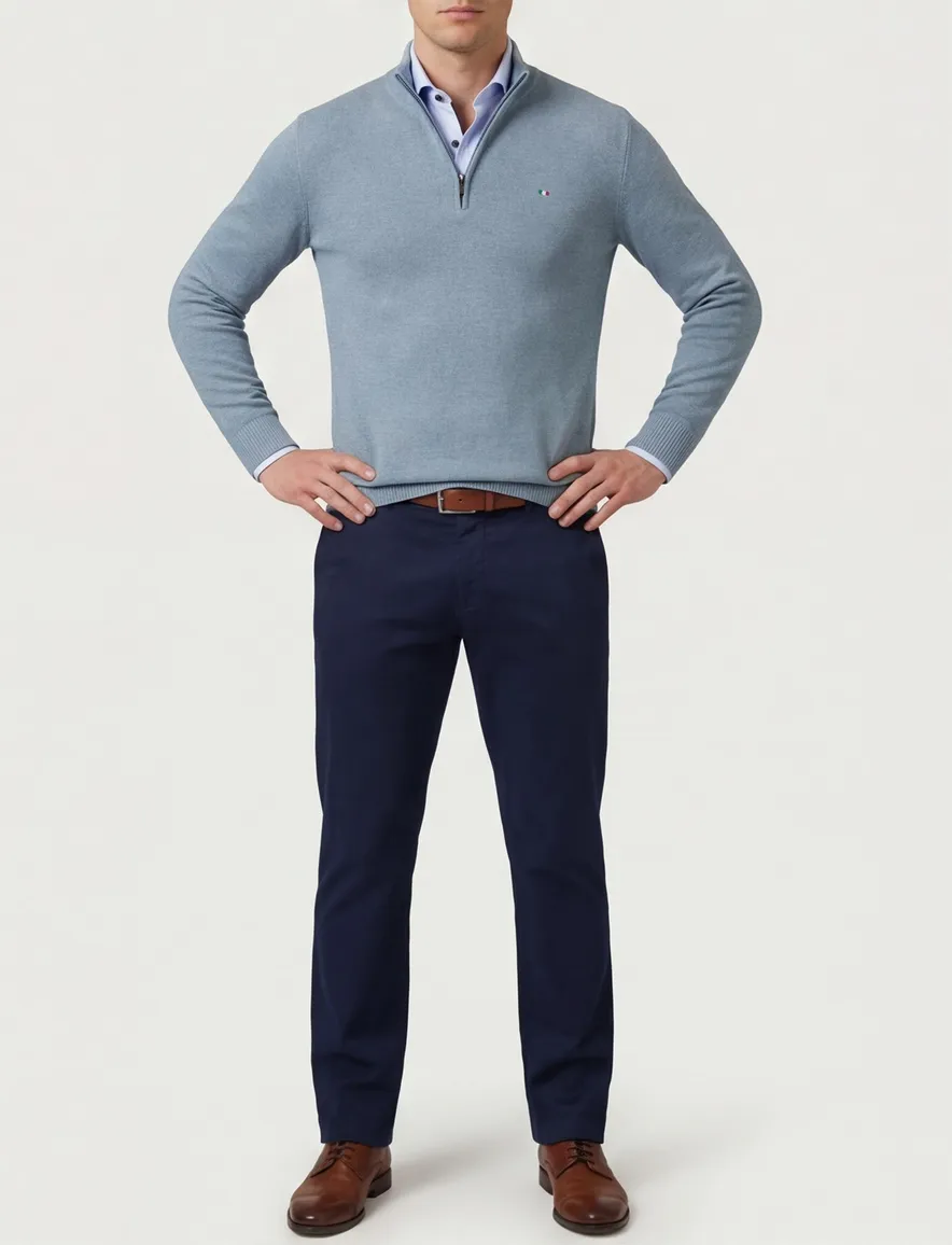 Portofino half zip trui lichtblauw katoen