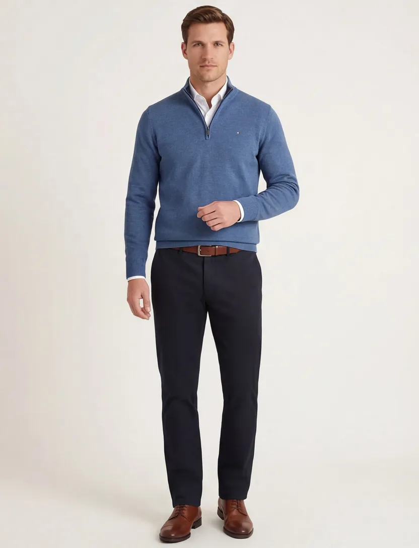 Half zip trui Portofino blauw katoen