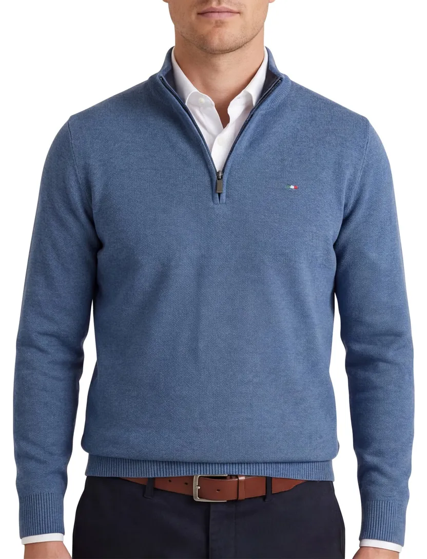 Half zip trui Portofino blauw katoen