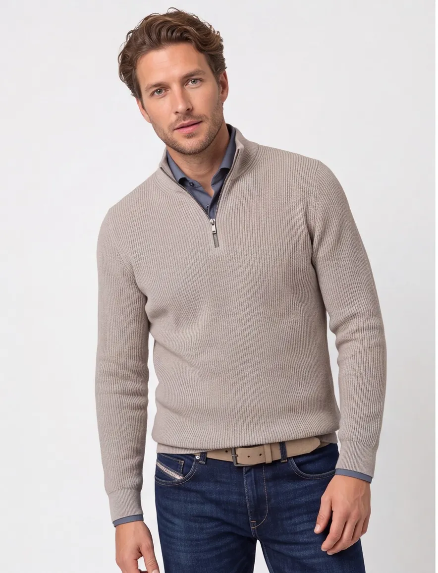 Portofino trui half zip beige 100% katoen ml7