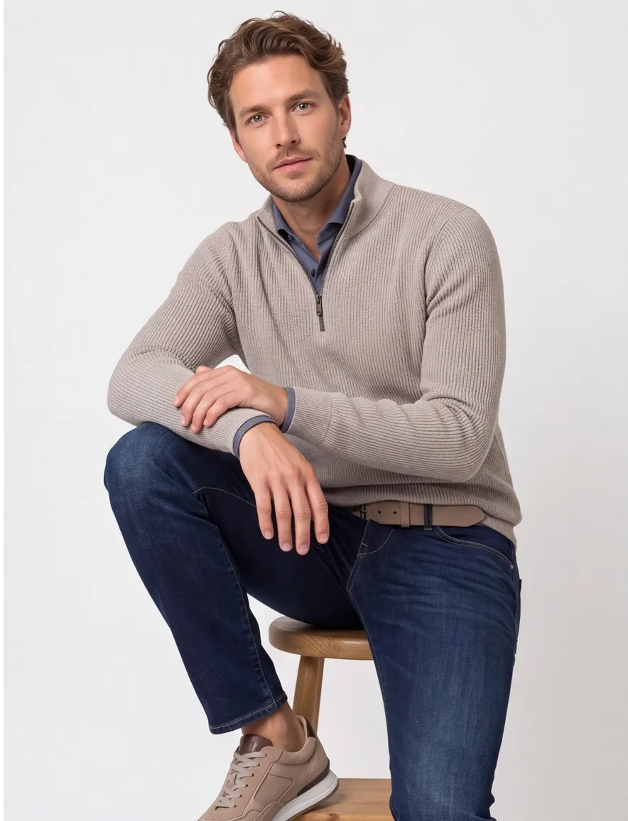 Portofino trui half zip beige 100% katoen ml7