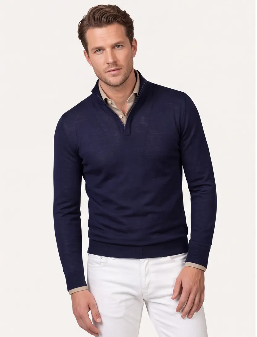 Donkerblauwe Cavallaro Saronno half zip merinowol
