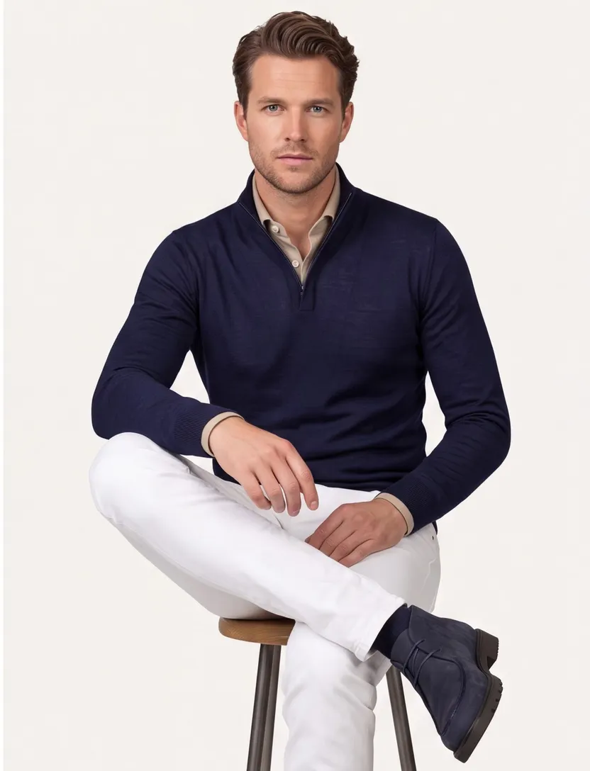 Donkerblauwe Cavallaro Saronno half zip merinowol
