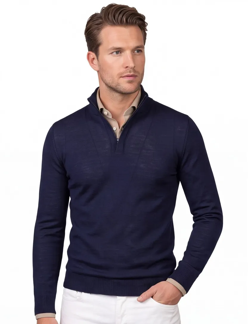 Donkerblauwe Cavallaro Saronno half zip merinowol