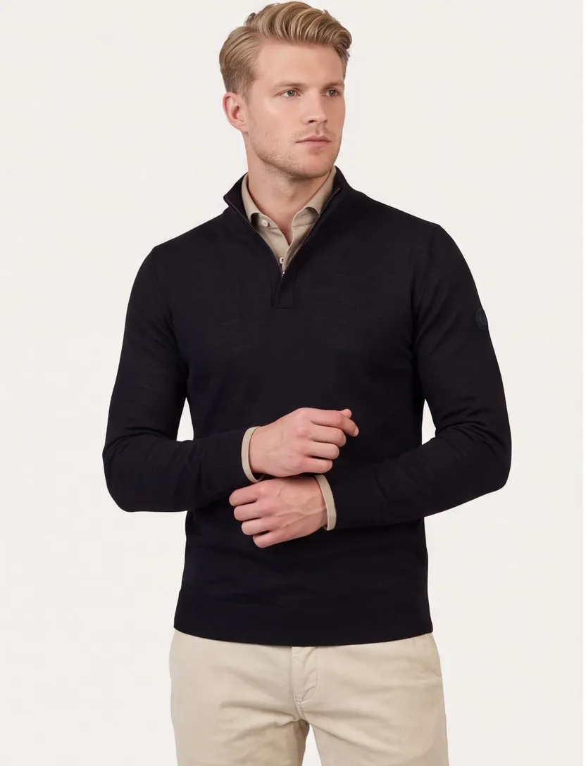 Trui Cavallaro Saronno half zip zwart merinowol