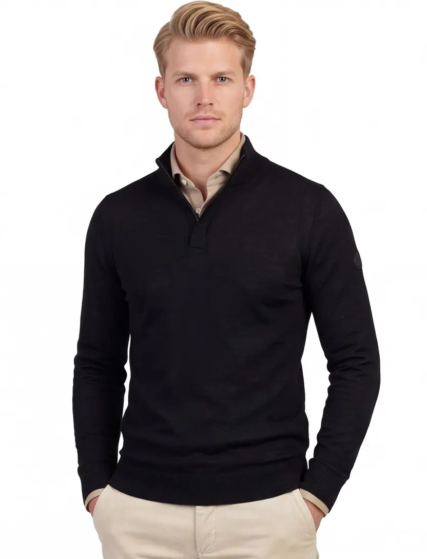 Trui Cavallaro Saronno half zip zwart merinowol