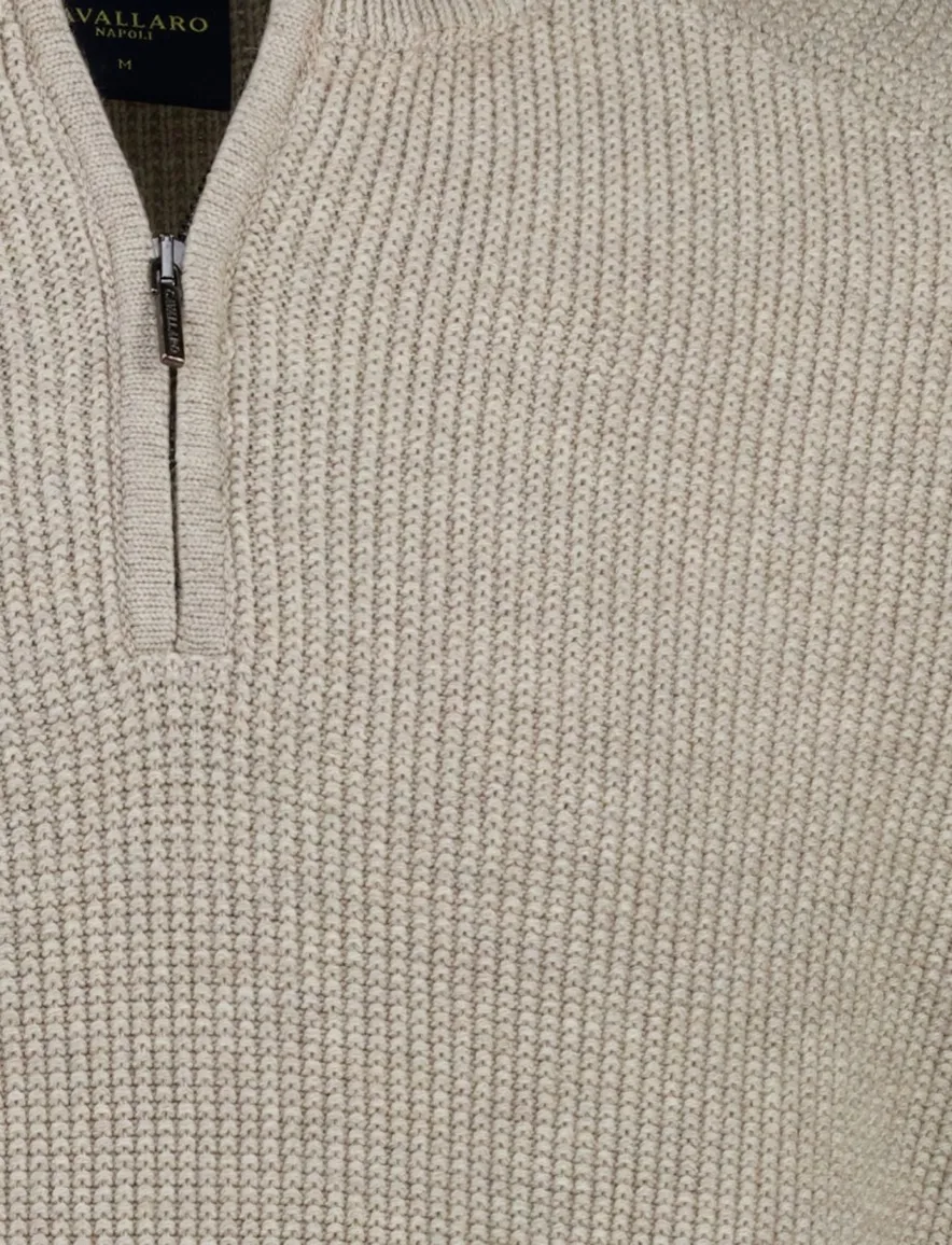 Cavallaro Sagio trui half zip beige effen gebreid