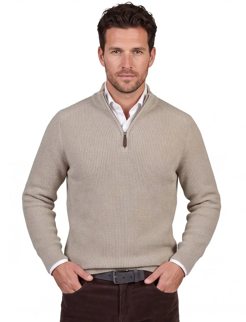 Cavallaro Sagio beige effen half zip trui gebreid