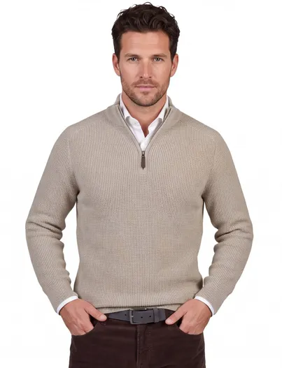 Cavallaro Cavallaro Sagio half zip trui beige effen gebreid