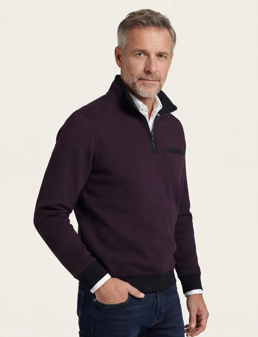 Casa Moda half zip trui premium 100% katoen aubergine
