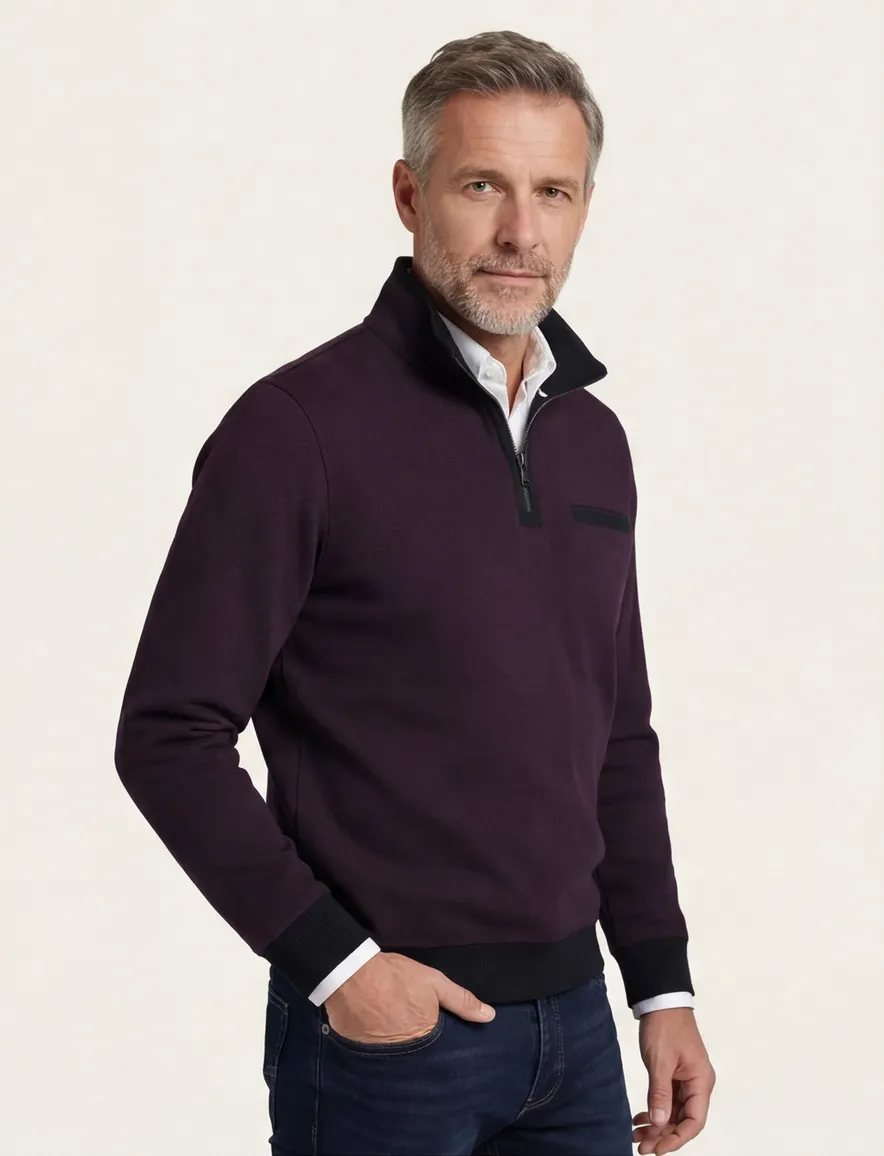 Casa Moda half zip trui premium 100% katoen aubergine