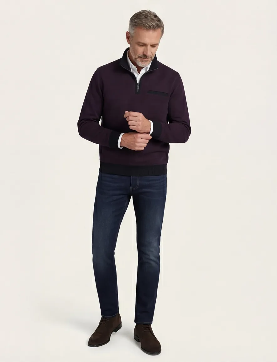 Casa Moda half zip trui premium 100% katoen aubergine