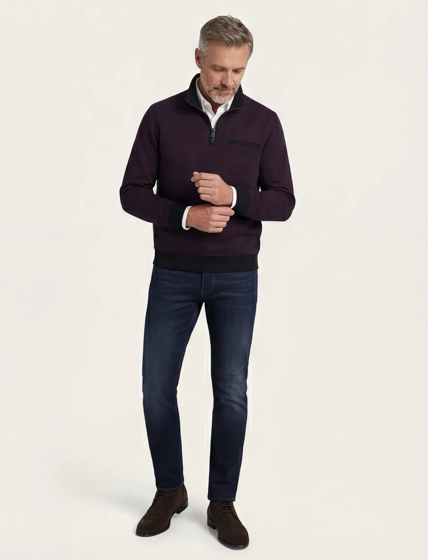 Casa Moda half zip trui premium 100% katoen aubergine