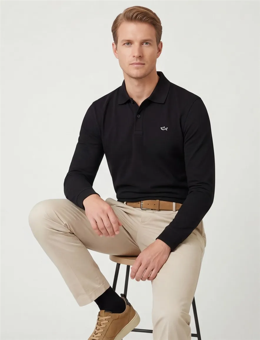 Paul & Shark lange mouw polo zwart katoen
