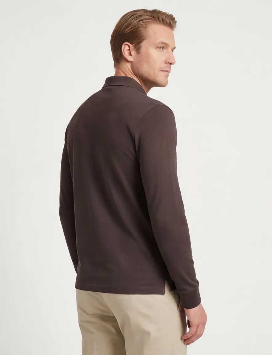 Paul en shark poloshirt bruin effen lange mouw katoen