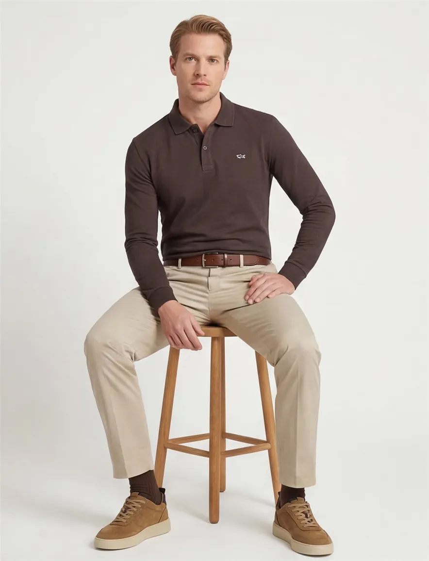Paul en shark poloshirt bruin effen lange mouw katoen
