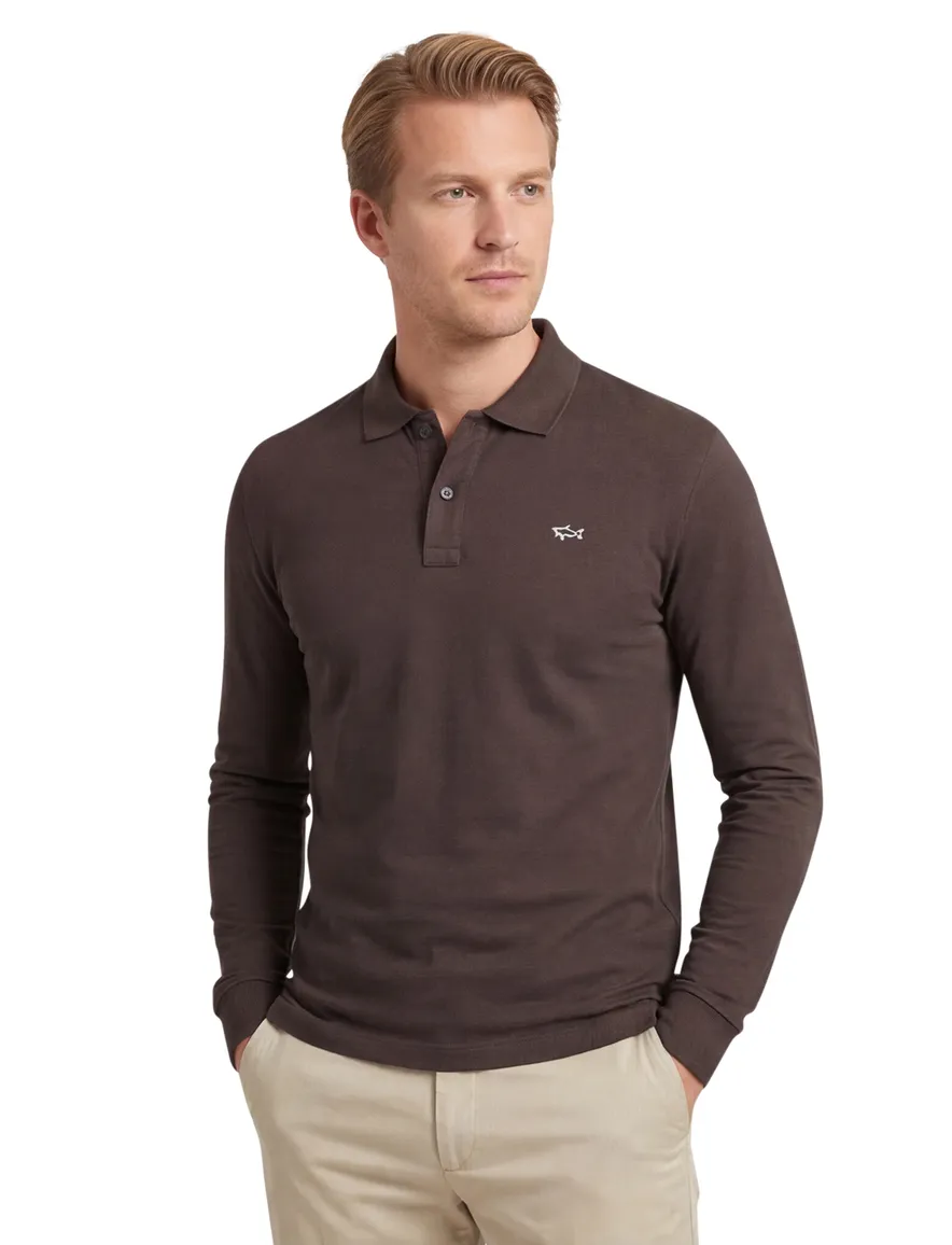 Paul en shark poloshirt bruin effen lange mouw katoen