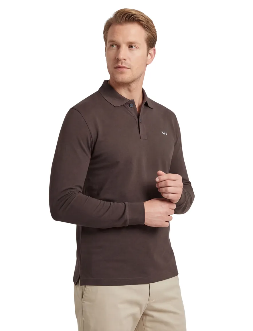 Paul en shark poloshirt bruin effen lange mouw katoen