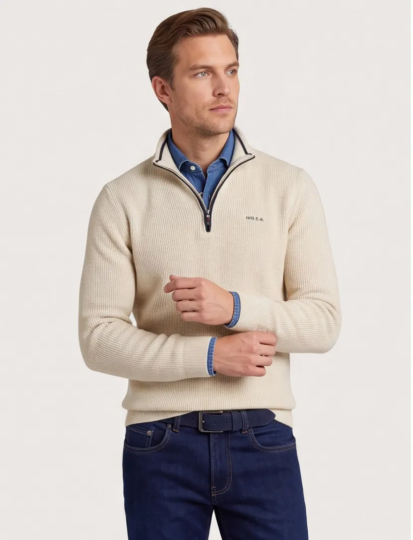 New Zealand trui beige half zip effen