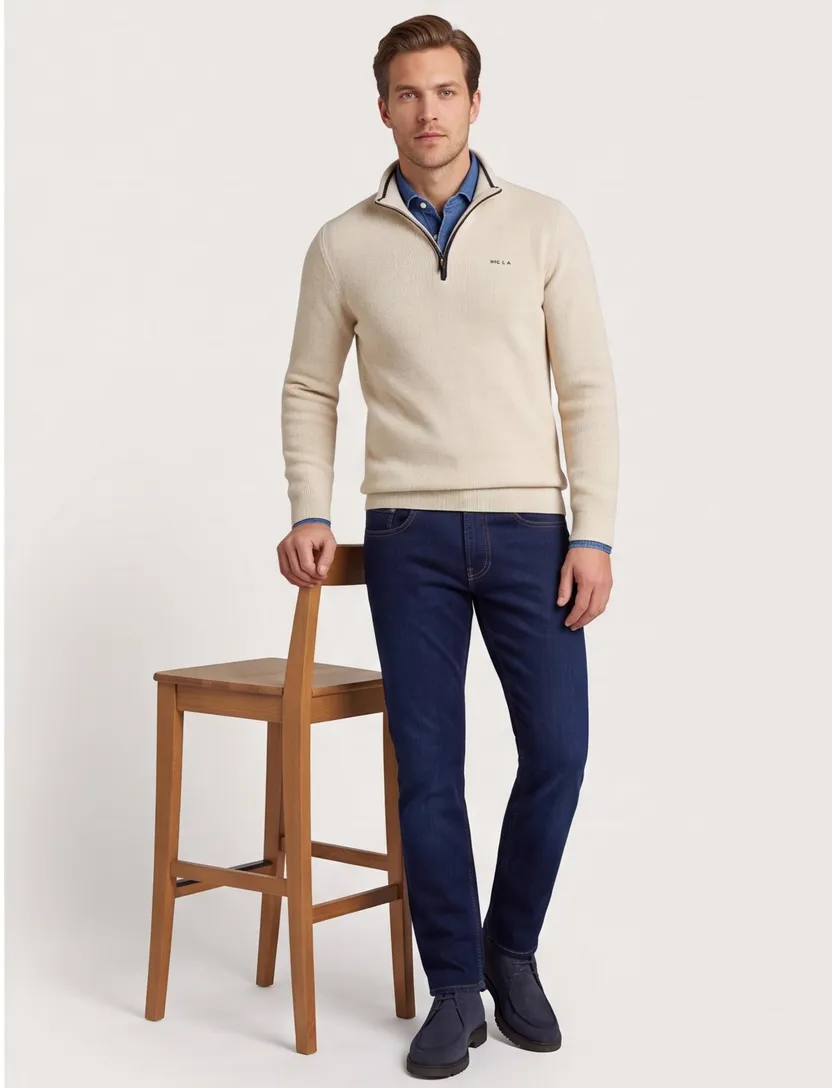 New Zealand trui beige half zip effen