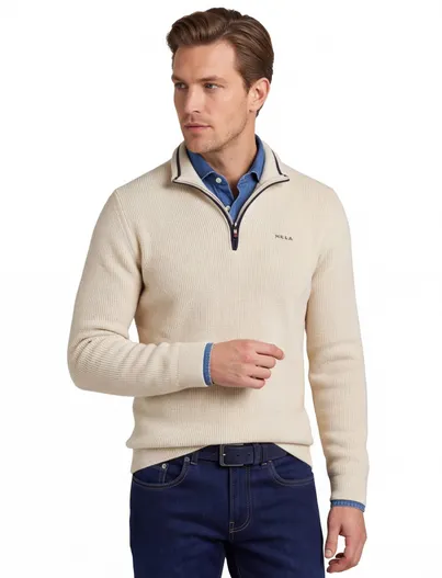 New Zealand New Zealand trui beige half zip effen
