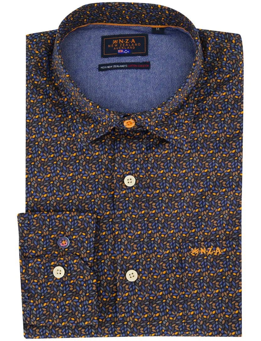 NZA overhemd bruin geprint semi-wide collar met borstzak