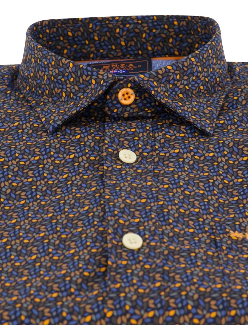 NZA overhemd bruin geprint semi-wide collar met borstzak