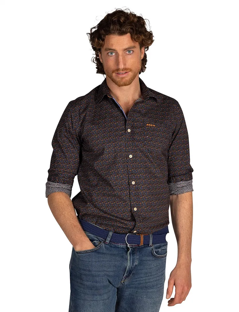 NZA overhemd bruin geprint semi-wide collar met borstzak
