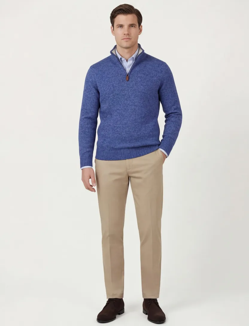 Scotland Blue trui effen halfzip blauw gemeleerd