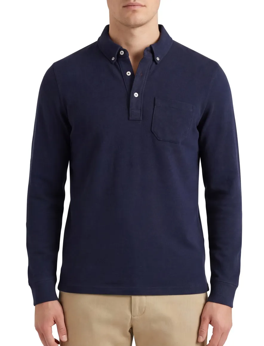 Scotland Blue Polo lange mouw donkerblauw borstzak