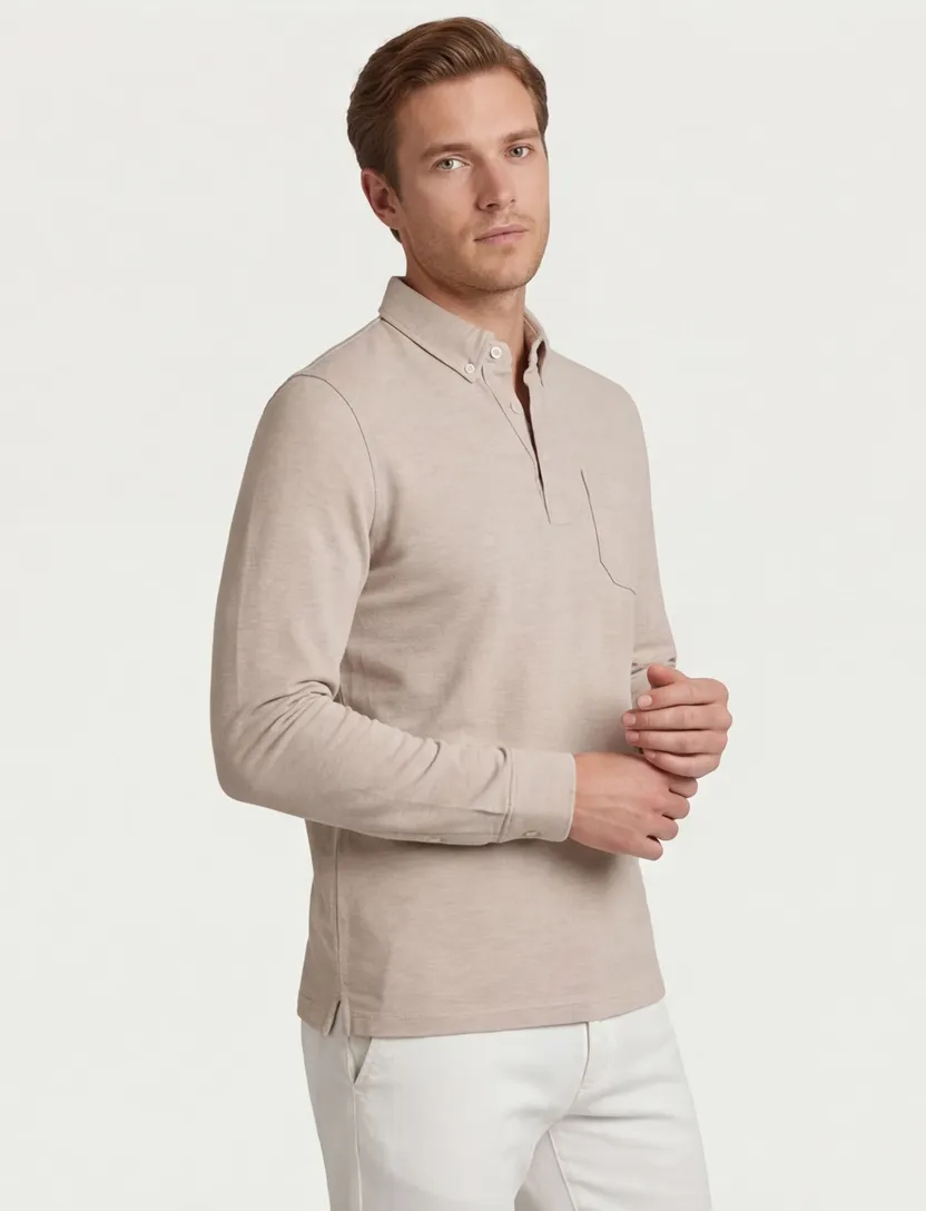 Scotland Blue Polo lange mouw beige borstzak katoen