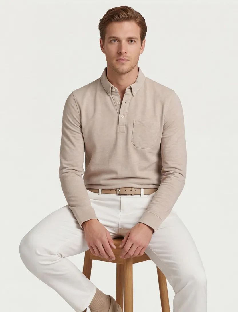 Scotland Blue Polo lange mouw beige borstzak katoen