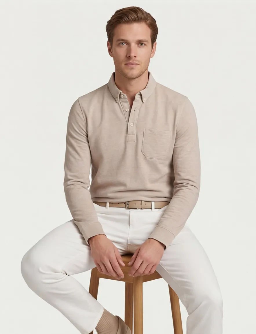 Scotland Blue Polo lange mouw beige borstzak