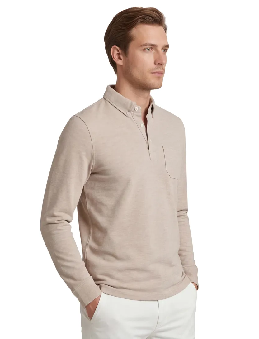 Scotland Blue Polo lange mouw beige borstzak katoen