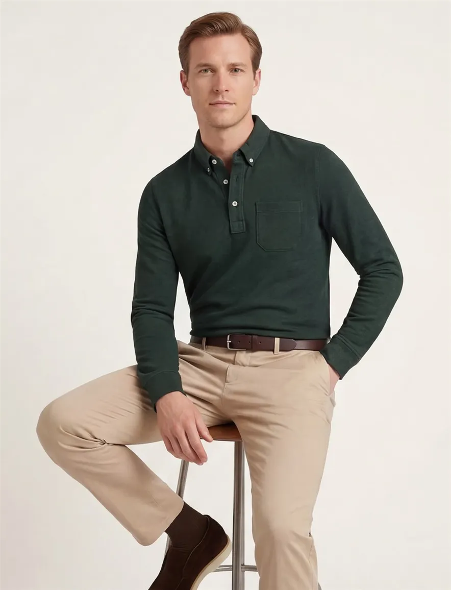 Scotland Blue Polo Langemouw groen borstzak