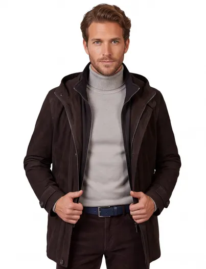 Bugatti Bugatti winterjas effen donkerbruin wijde fit