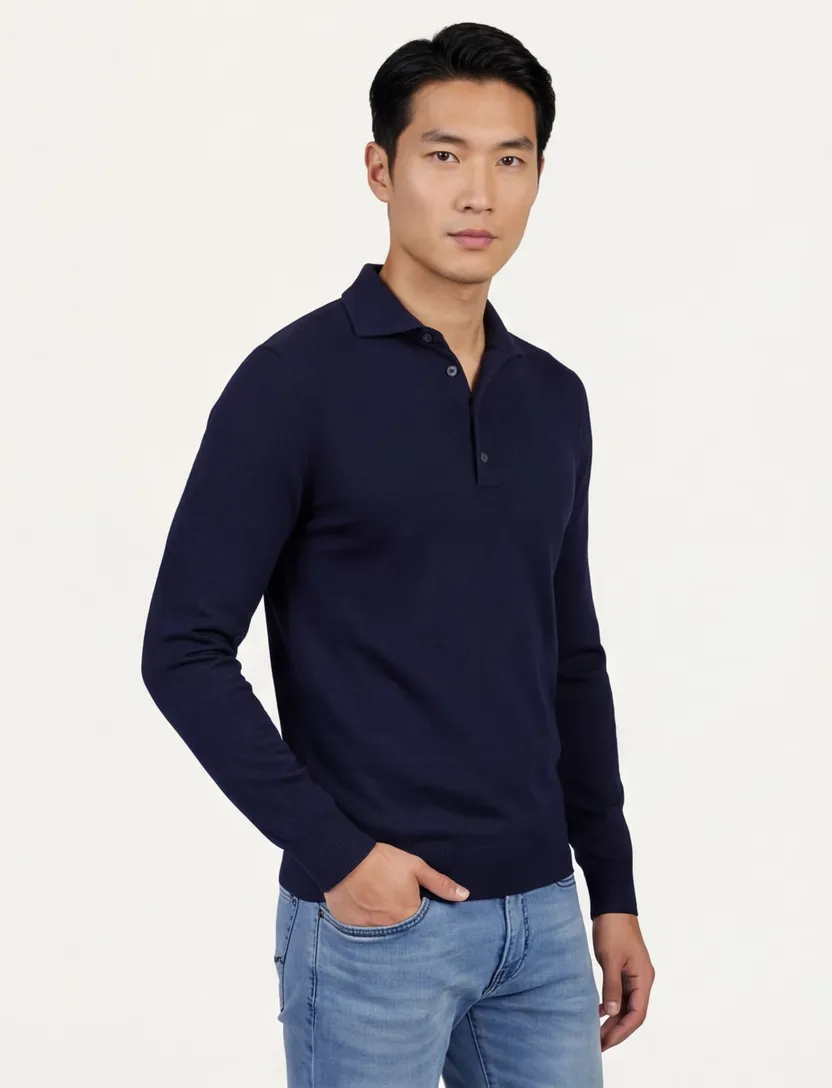 Merinowol lange mouw polo Born with Appetite Anton donkerblauw