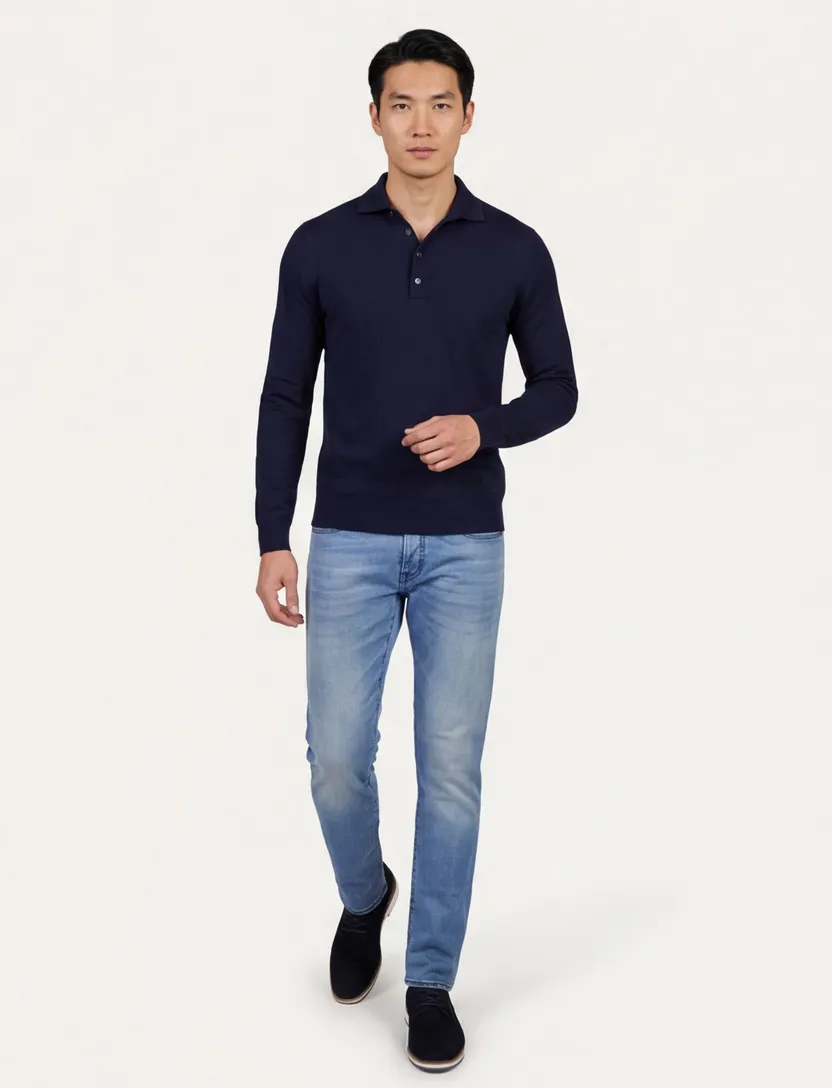 Merinowol lange mouw polo Born with Appetite Anton donkerblauw