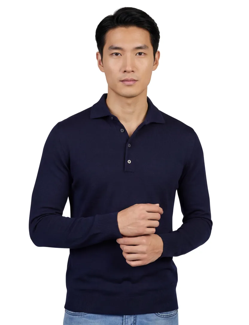 Merinowol lange mouw polo Born with Appetite Anton donkerblauw
