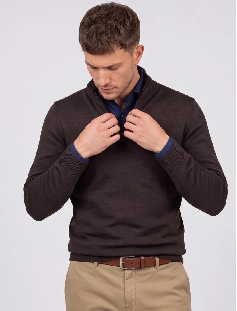 Trui Born With Appetite half zip donkerbruin merinowol