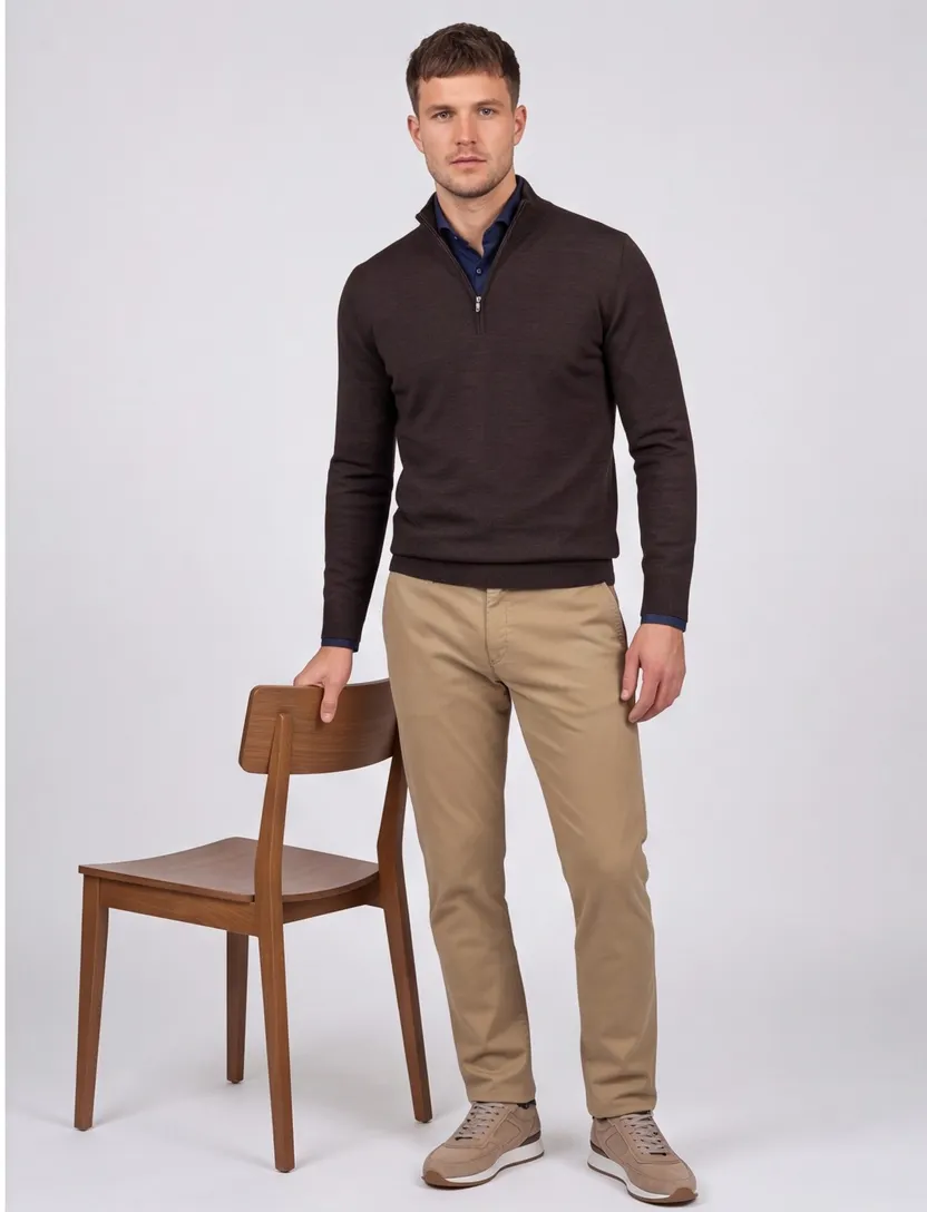 Trui Born With Appetite half zip donkerbruin merinowol