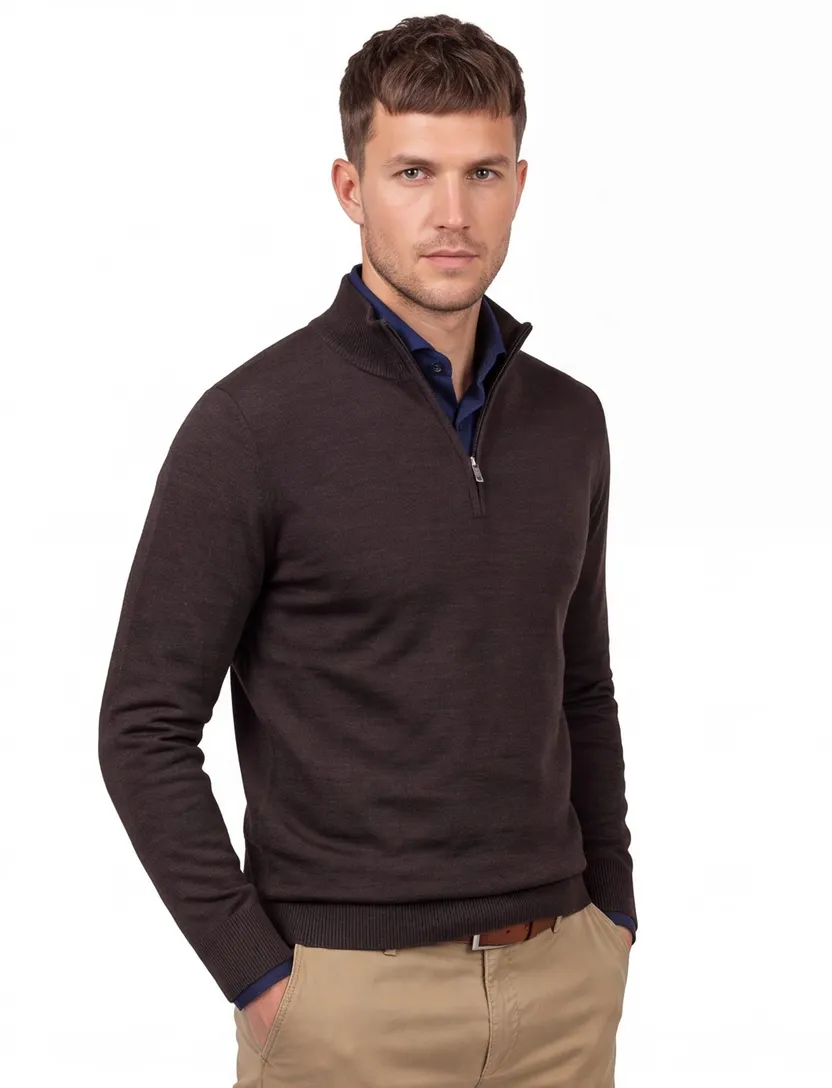 Trui Born With Appetite half zip donkerbruin merinowol