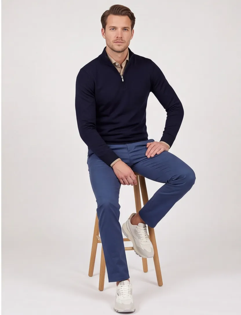 Trui Born With Appetite half zip navy merinowol
