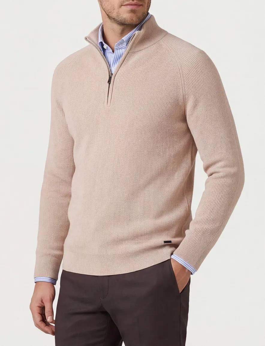 Born with appetite trui beige effen half zip slim fit