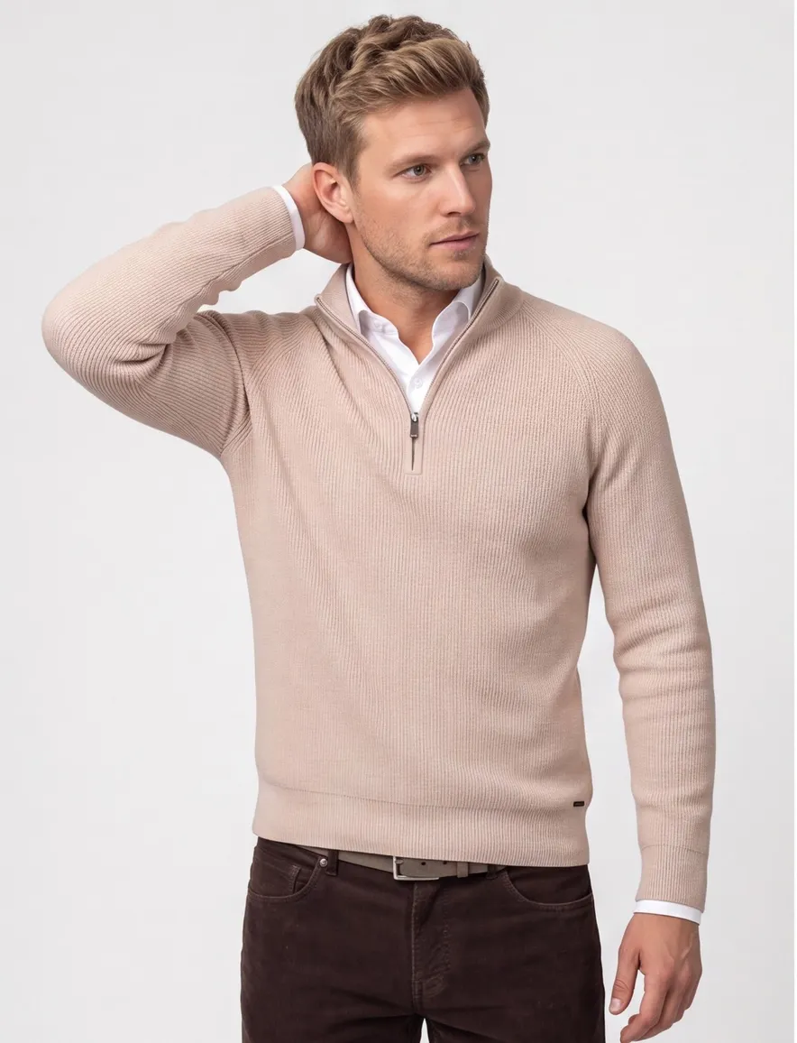 Born with appetite trui beige effen half zip slim fit