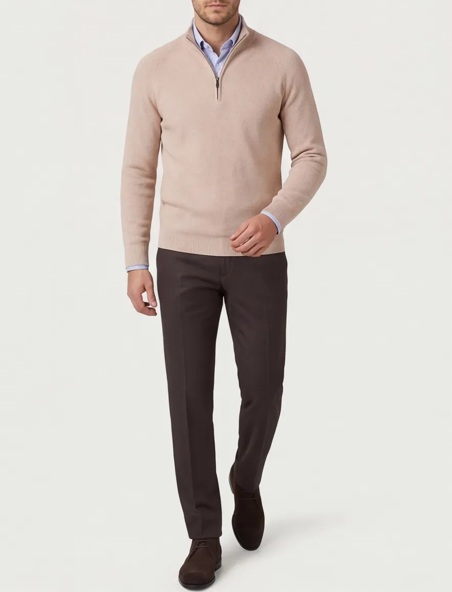 Born with appetite trui beige effen half zip slim fit