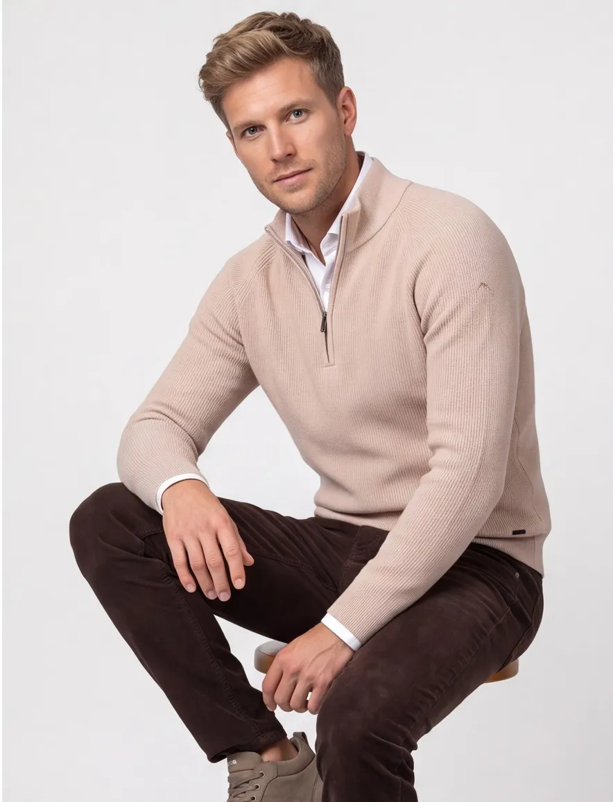 Born with appetite trui beige effen half zip slim fit