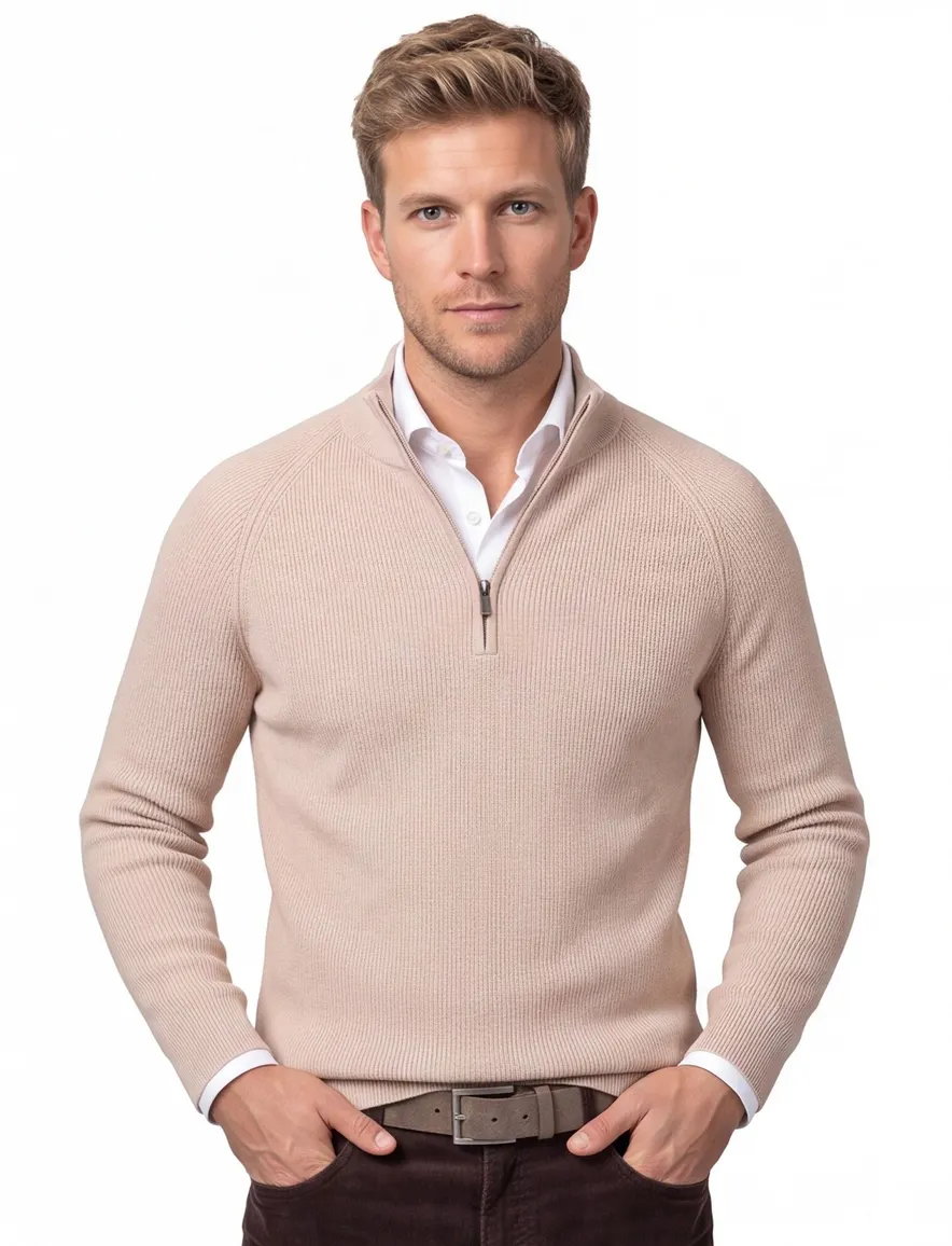 Born with appetite trui beige effen half zip slim fit