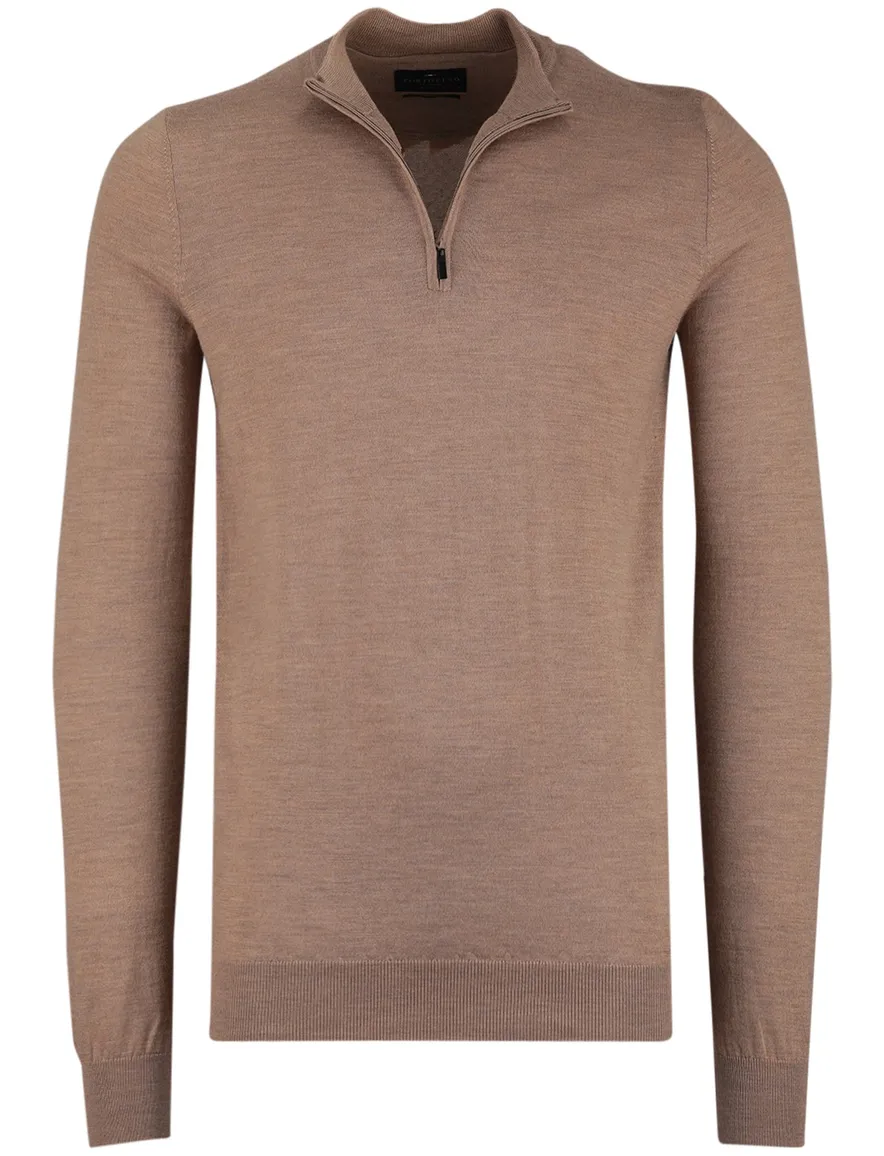 Portofino trui half zip effen beige normale fit merinowol